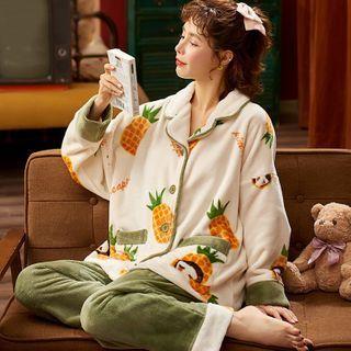 Loungewear Set : Long-sleeve Pineapple Print Top + Pants