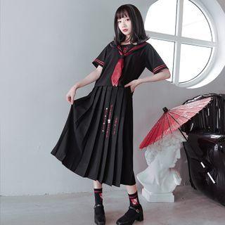 Sailor Collar Embroidered Short-sleeve Blouse / Midi A-line Pleated Skirt