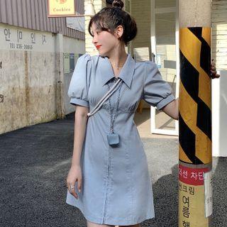 Puff-sleeve Polo-neck Zip-up Mini A-line Dress