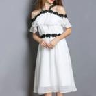Lace Trim Off-shoulder Midi Chiffon Dress