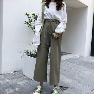 Set : Plain Long-sleeve Top + Wide-leg Cargo Pants