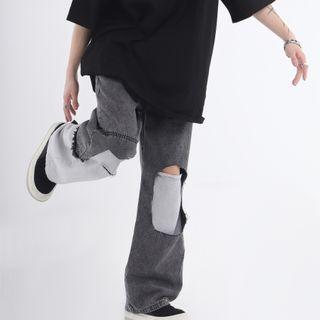 Distressed Panel Loose Fit Jeans