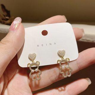 Heart Bear Rhinestone Faux Pearl Alloy Dangle Earring 1 Pair - Bear - Gold - One Size
