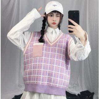 Pocket Patch Plaid Sweater Vest / Plain Shirt