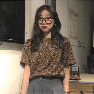 Elbow-sleeve Leopard Print T-shirt Leopard - One Size
