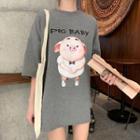 Pig Print 3/4-sleeve Long T-shirt