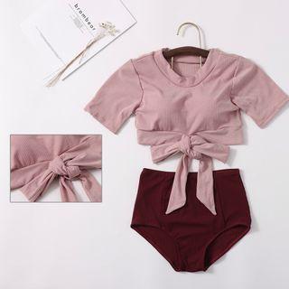 Set: Tie-waist Short-sleeve Cropped Swim Top + Bottom