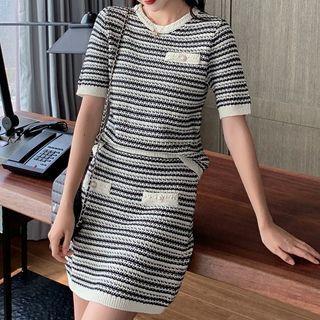 Set: Short-sleeve Knit Top + Knit Pencil Skirt