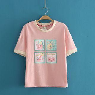 Pig Print Round Neck Short Sleeve T-shirt As Shown In Figure - One Size
