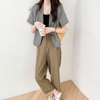Two Tone Plaid Blazer / High-waist Plain Straight-cut Pants