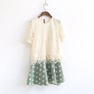 Short-sleeve Lace Panel Mock Two Piece Dress