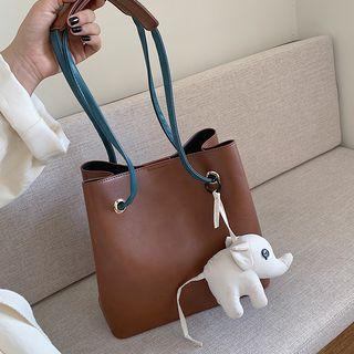 Faux Leather Elephant Charm Bucket Bag