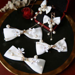 Bow Faux Pearl Hair Clip / Clip-on Earring / Set