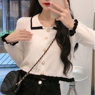 Contrast Trim Collar Button-up Knit Crop Top