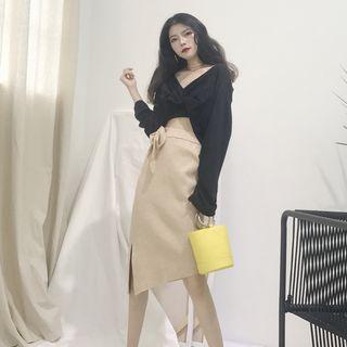 Cropped Long-sleeve Top / High-waist Midi Skirt