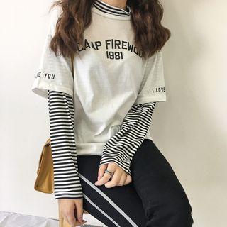 Mock Two-piece Inset Long-sleeved Lettering Loose-fit Crewneck Striped Panel T-shirt