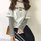 Mock Two-piece Inset Long-sleeved Lettering Loose-fit Crewneck Striped Panel T-shirt