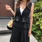 Plunge-neck Tiered Maxi Pinafore Dress