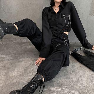 Drawstring-hem Crop Shirt / Cargo Pants / Set