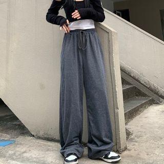 Plain Drawstring-waist Wide Leg Pants