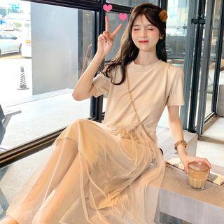 Plain Panel Mesh Medium Long T Shirt Dress Almond - Xxxs