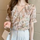 Short-sleeve V-neck Ruffled Blouse