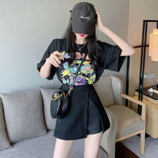 Cartoon Print Elbow-sleeve T-shirt / Mini A-line Skort