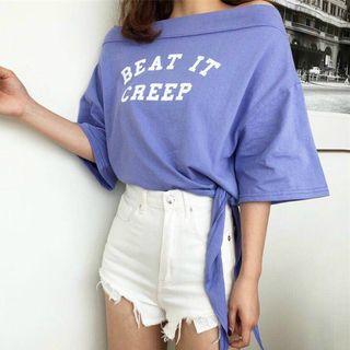 Elbow-sleeve Off Shoulder Lettering Top