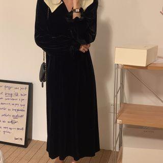 Contrast Collar Midi A-line Dress Black - One Size