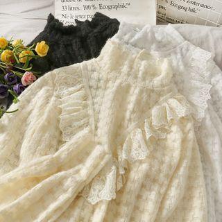 Ruffled-trim Mock-neck Lace Top