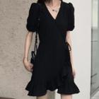 Puff-sleeve V-neck Ruffle Hem Mini A-line Dress