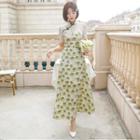 Short-sleeve Lace Panel Floral Print Midi Qipao