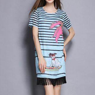 Dog Print Short-sleeve Fringed Dress