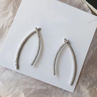 925 Sterling Silver Rhinestone Curved Bar Fringed Earring 1 Pair - White - One Size
