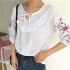 Frill Trim Flower Embroidered Elbow Sleeve Blouse