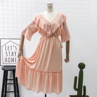 Ruffled-trim Plain Midi Dress