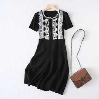 Short-sleeve Lace Trim Knit A-line Dress Black - One Size
