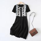 Short-sleeve Lace Trim Knit A-line Dress Black - One Size
