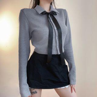Long-sleeve Bow Cropped Knit Top