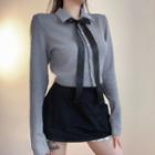 Long-sleeve Bow Cropped Knit Top