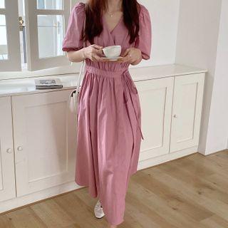 Short-sleeve Tie-waist Midi A-line Wrap Dress