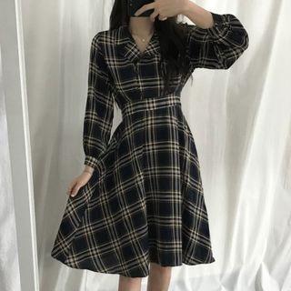 Long-sleeve Plaid A-line Dress Sapphire Blue - One Size