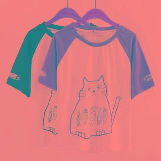 Short-sleeve Color Block Cat Embroidered T-shirt
