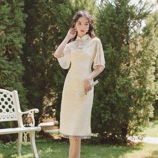 Mock-neck Plain Lace Split A-line Dress