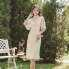 Mock-neck Plain Lace Split A-line Dress