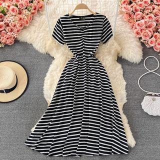 V-neck Short-sleeve Striped A-line Dress