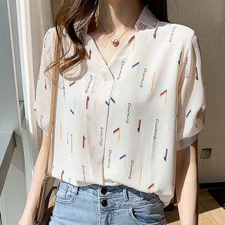 Puff-sleeve Lettering Chiffon Blouse