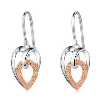 14k Italian Rose And White Gold Double Heart Dangle Hook Earrings