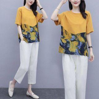 Set: Short-sleeve Print Panel Top + Pants