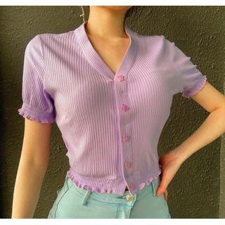 Short Sleeve Ruffled-trim V-neck Knitted Top